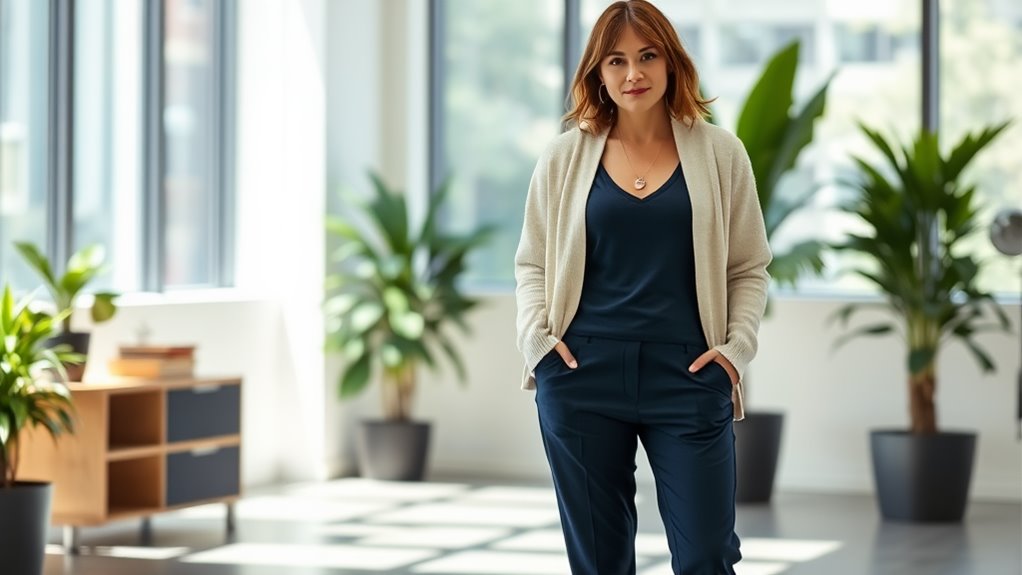stylish cardigan and trousers