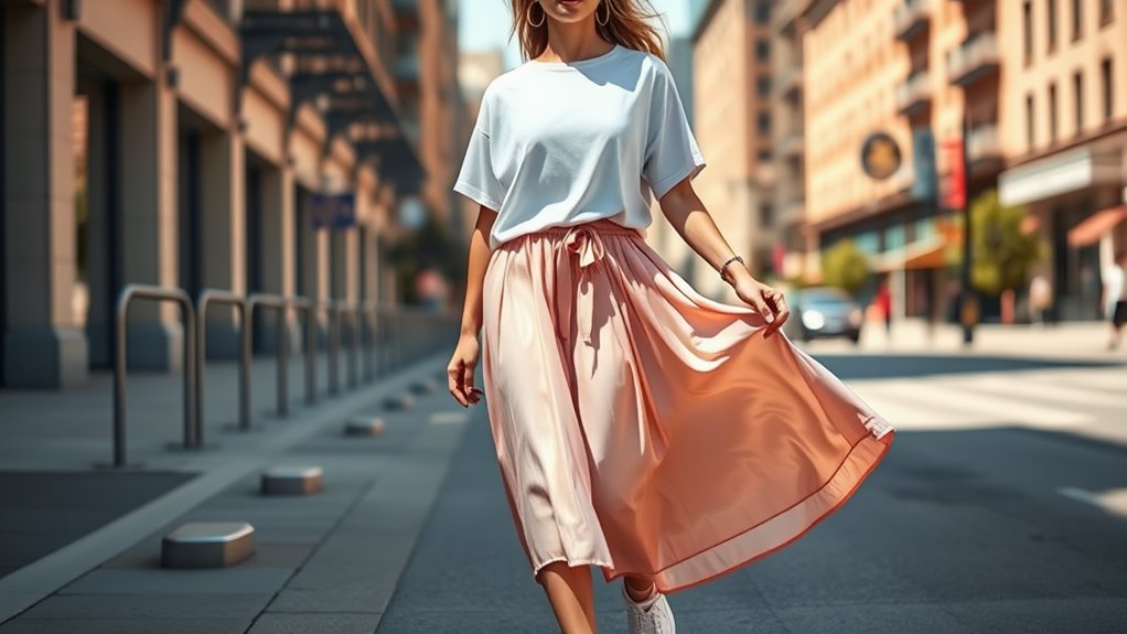 satin skirt sneakers casual style